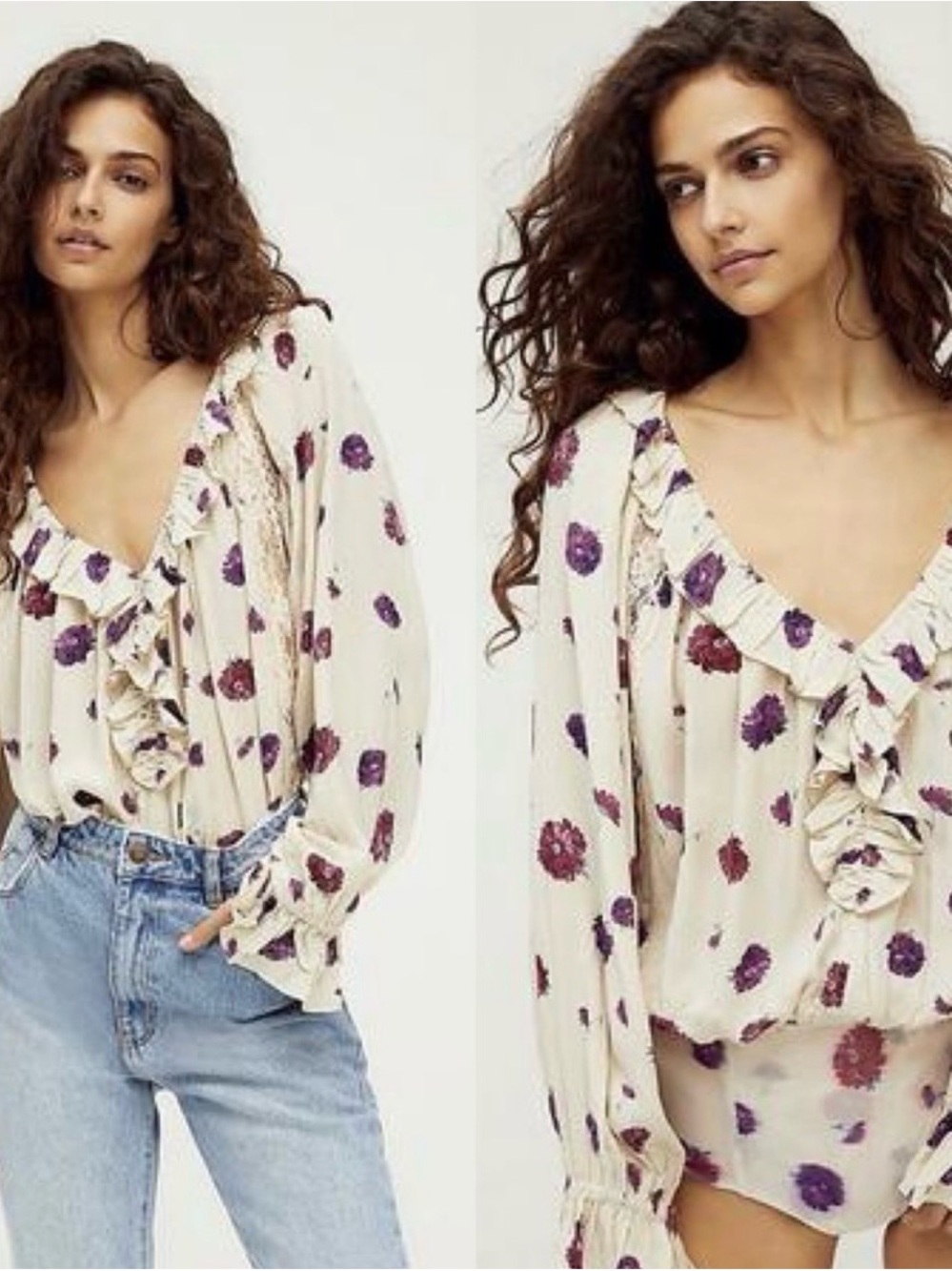 Free‎ People Floral Ruffle V-Neck Bodysuit- Cream with Plum Print